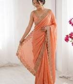 Peach embellished zari silk blend heavy work saree