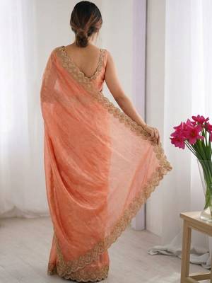 Peach embellished zari silk blend heavy work saree 2