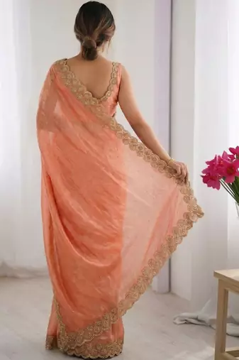 Peach embellished zari silk blend heavy work saree
