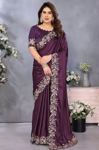 Purple embroidered border satin saree