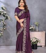 Purple embroidered border satin saree