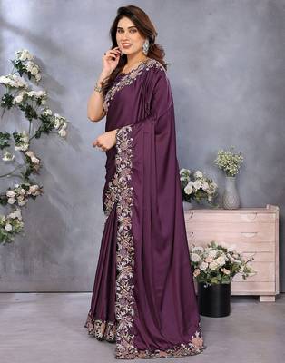 Purple embroidered border satin saree 2