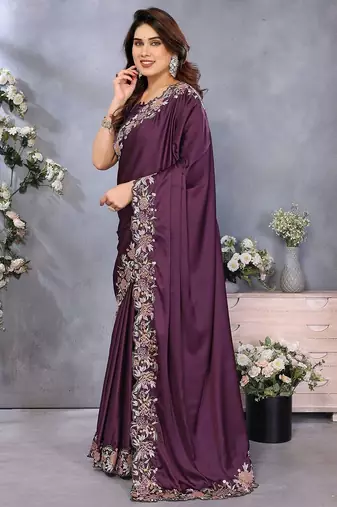 Purple embroidered border satin saree