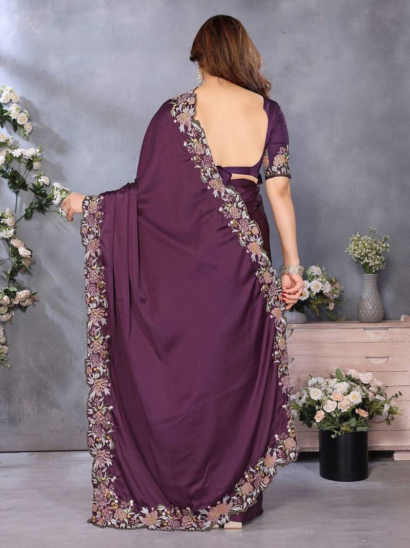 Purple embroidered border satin saree