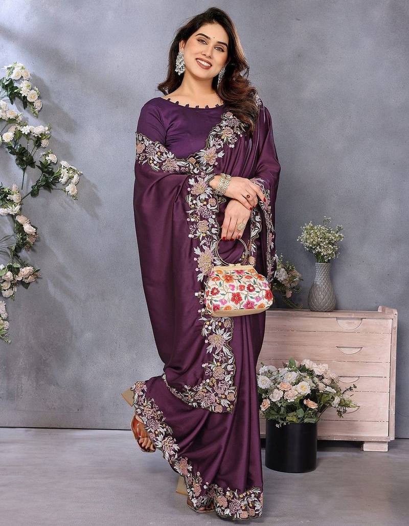 Purple embroidered border satin saree