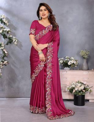 Pink embroidered border satin saree 1