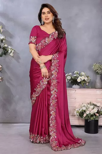 Pink embroidered border satin saree