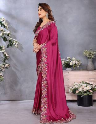 Pink embroidered border satin saree 2