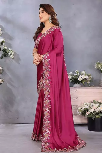 Pink embroidered border satin saree