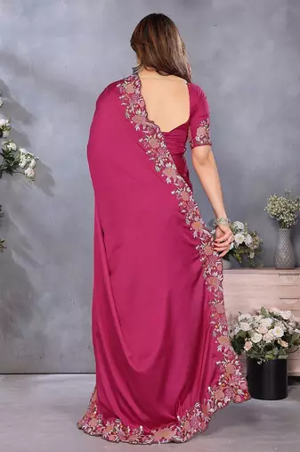 Pink embroidered border satin saree