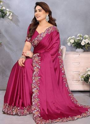 Pink embroidered border satin saree 4