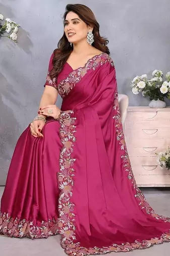 Pink embroidered border satin saree