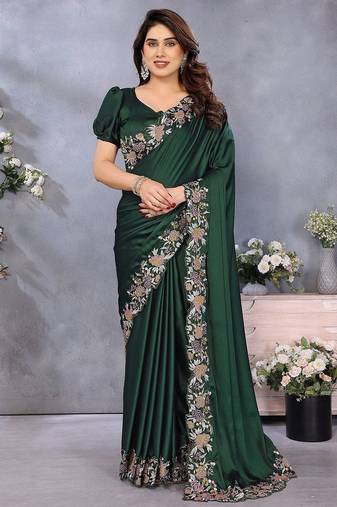 Green satin saree with embroidered border