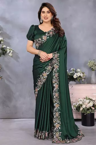 Green satin saree with embroidered border