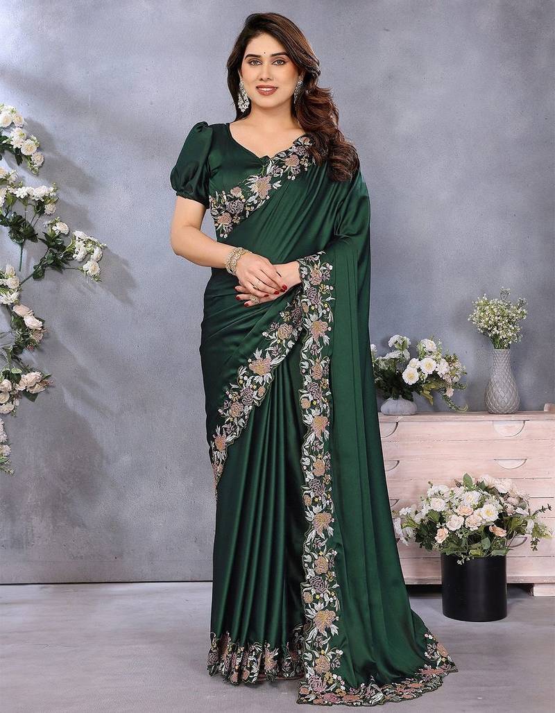Green satin saree with embroidered border