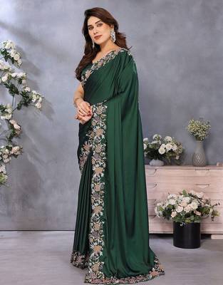 Green satin saree with embroidered border 2