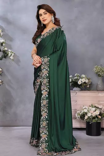 Green satin saree with embroidered border