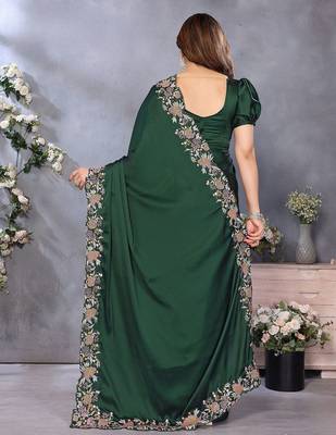 Green satin saree with embroidered border 3
