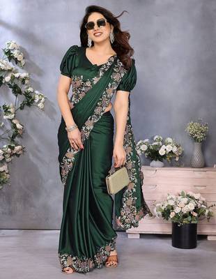 Green satin saree with embroidered border 4