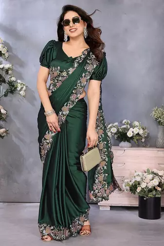 Green satin saree with embroidered border