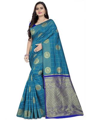 Blue ethnic woven design zari silk cotton saree 1