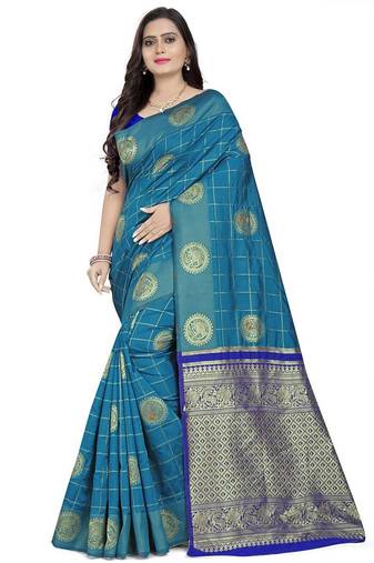 Blue ethnic woven design zari silk cotton saree