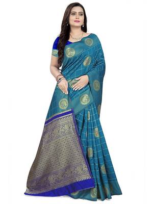 Blue ethnic woven design zari silk cotton saree 2
