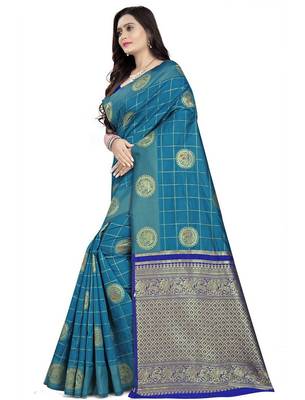 Blue ethnic woven design zari silk cotton saree 3