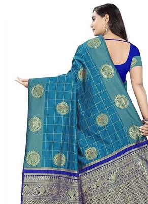 Blue ethnic woven design zari silk cotton saree 4