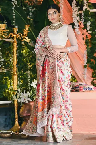 Cream floral printed zari art silk kanjeevaram saree
