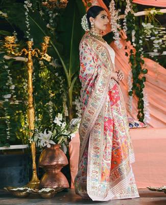 Cream floral printed zari art silk kanjeevaram saree 2