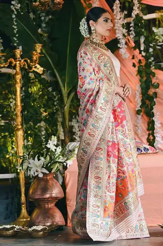 Cream floral printed zari art silk kanjeevaram saree