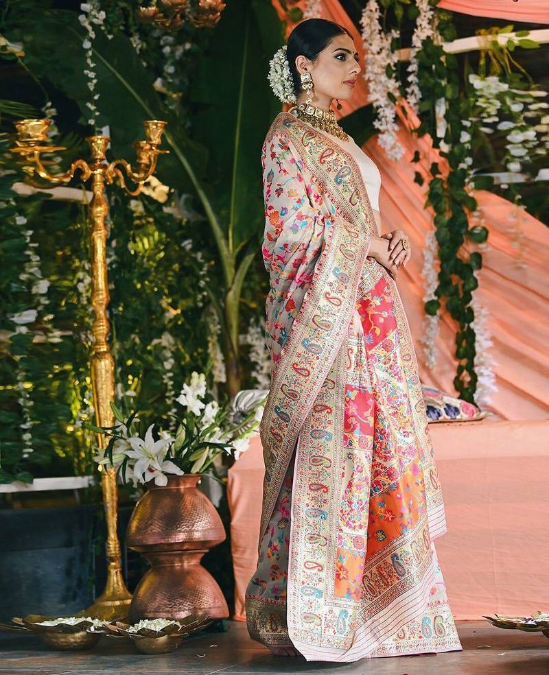 Cream floral printed zari art silk kanjeevaram saree