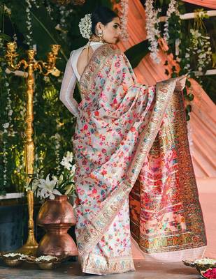 Cream floral printed zari art silk kanjeevaram saree 3