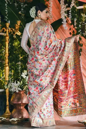 Cream floral printed zari art silk kanjeevaram saree