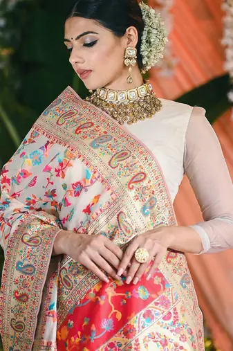 Cream floral printed zari art silk kanjeevaram saree