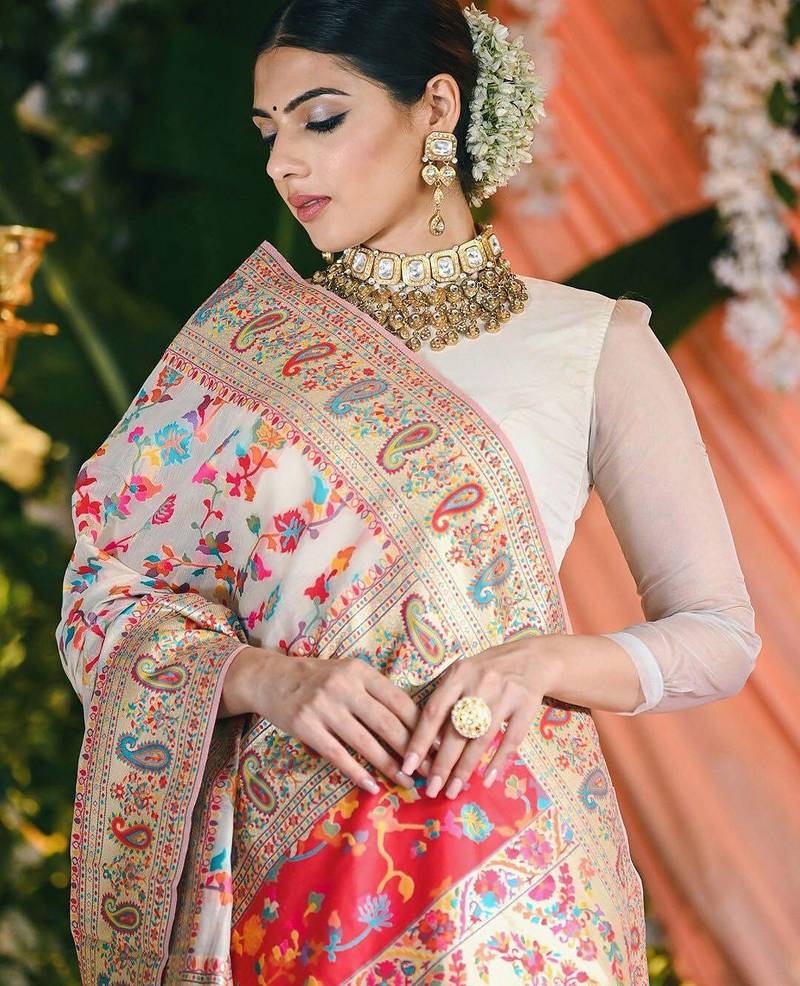 Cream floral printed zari art silk kanjeevaram saree