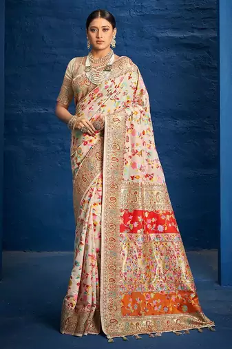 Cream ethnic motifs woven design zari kanjeevaram saree