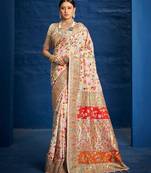 Cream ethnic motifs woven design zari kanjeevaram saree