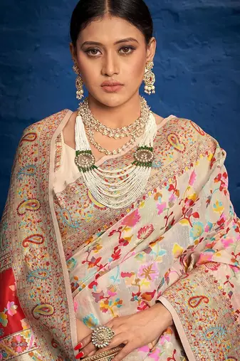 Cream ethnic motifs woven design zari kanjeevaram saree