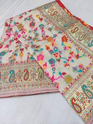 Cream ethnic motifs woven design zari kanjeevaram saree 4
