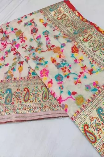 Cream ethnic motifs woven design zari kanjeevaram saree