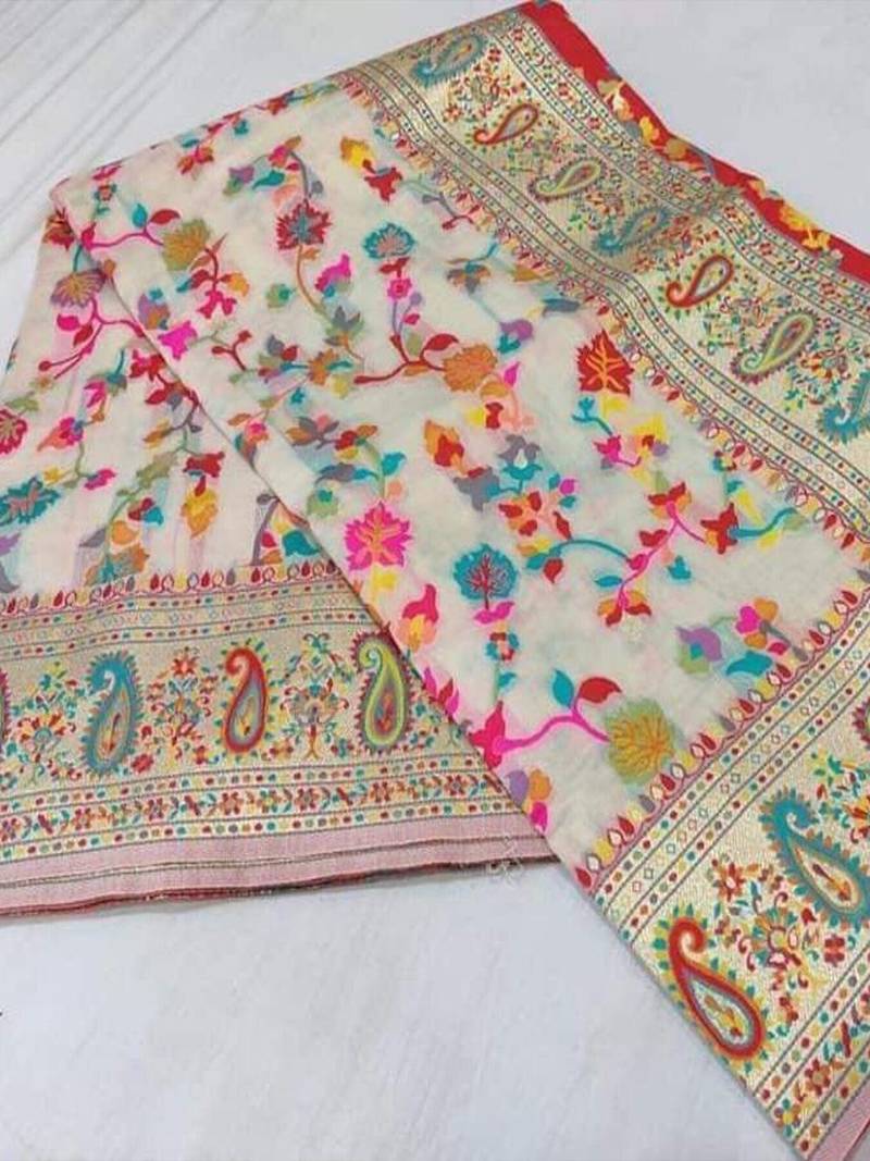 Cream ethnic motifs woven design zari kanjeevaram saree