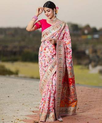 Cream floral woven design zari pashmina banarasi saree 1