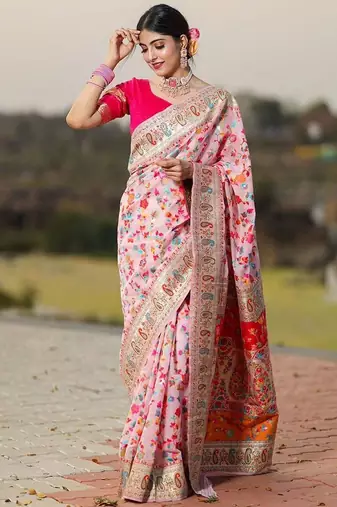 Cream floral woven design zari pashmina banarasi saree