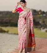 Cream floral woven design zari pashmina banarasi saree