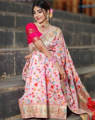 Cream floral woven design zari pashmina banarasi saree 2