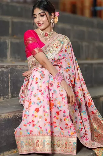 Cream floral woven design zari pashmina banarasi saree