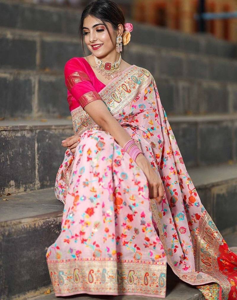 Cream floral woven design zari pashmina banarasi saree