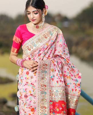 Cream floral woven design zari pashmina banarasi saree 3